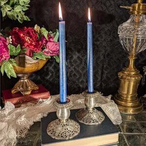 Ornate Pair Vintage Victorian Baroque Style 4"H Silverplate Forbes Candlesticks